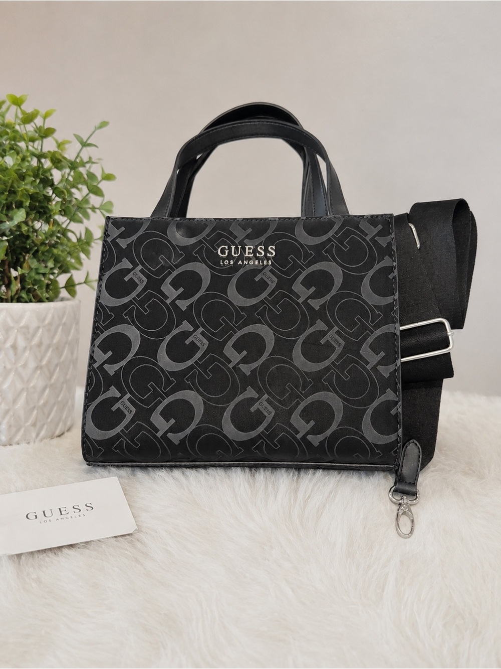 GUESS Black Logo-Print Messenger Bag with Detachable Strap